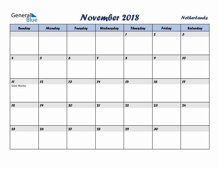 November 2018 Calendar with Holidays in The Netherlands