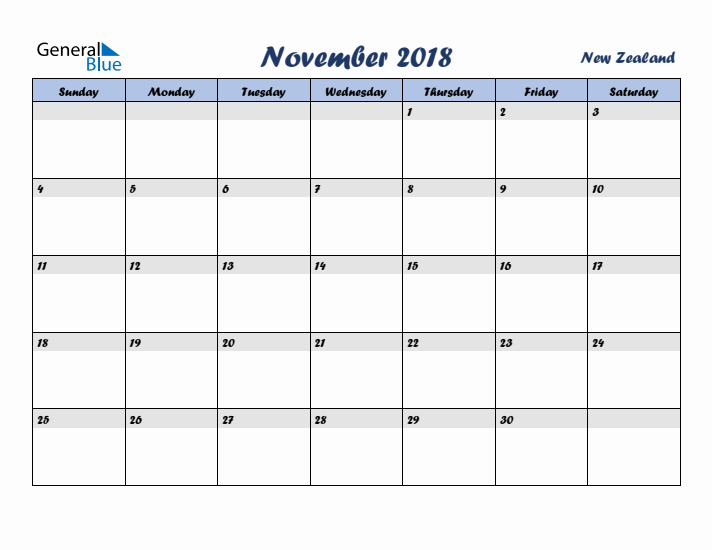 November 2018 Calendar with Holidays in New Zealand