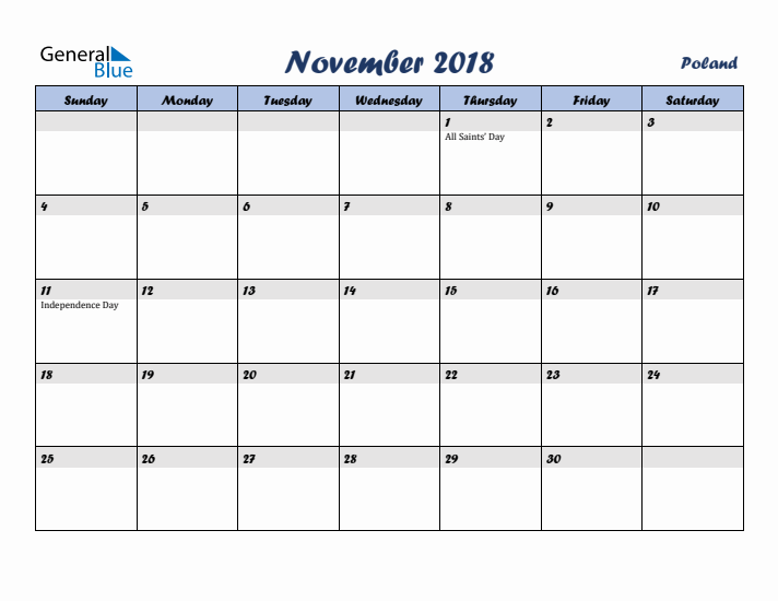 November 2018 Calendar with Holidays in Poland