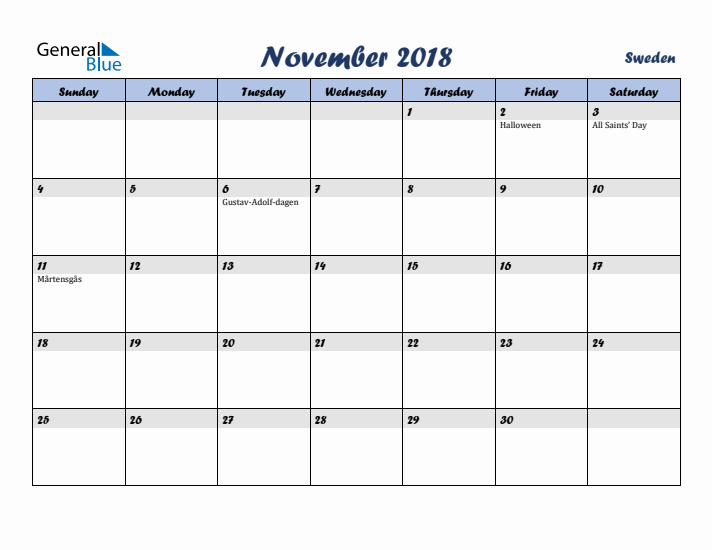 November 2018 Calendar with Holidays in Sweden