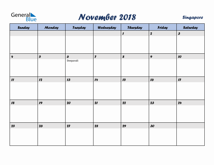 November 2018 Calendar with Holidays in Singapore