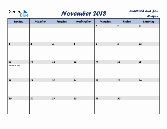 November 2018 Calendar with Holidays in Svalbard and Jan Mayen