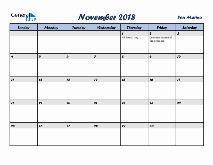 November 2018 Calendar with Holidays in San Marino