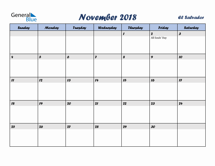 November 2018 Calendar with Holidays in El Salvador