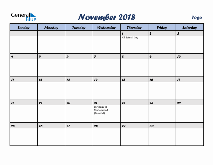 November 2018 Calendar with Holidays in Togo