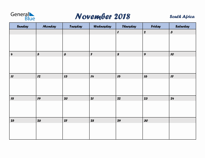November 2018 Calendar with Holidays in South Africa