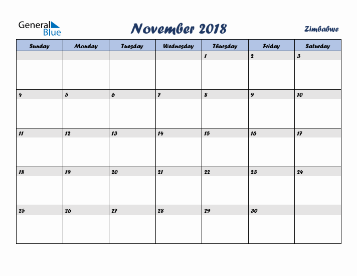 November 2018 Calendar with Holidays in Zimbabwe