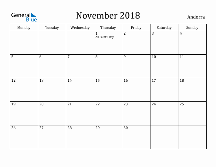 November 2018 Calendar Andorra
