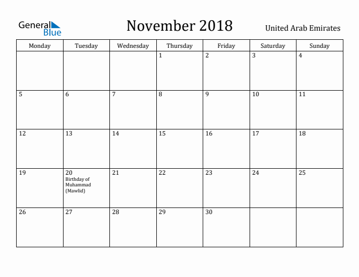 November 2018 Calendar United Arab Emirates
