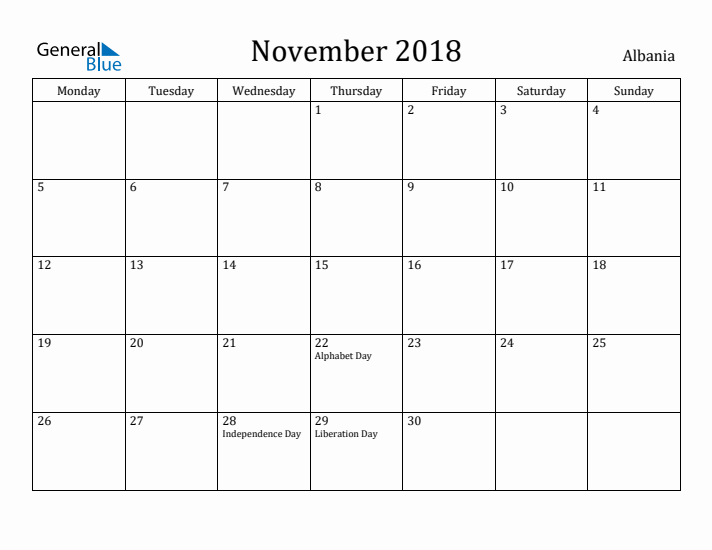November 2018 Calendar Albania