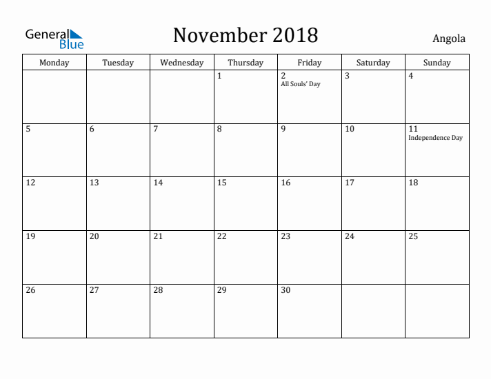 November 2018 Calendar Angola
