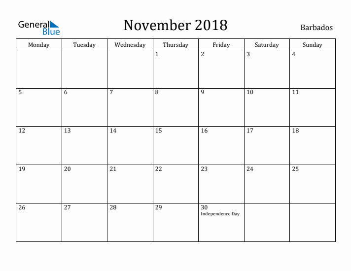 November 2018 Calendar Barbados