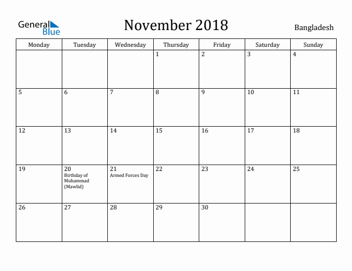 November 2018 Calendar Bangladesh