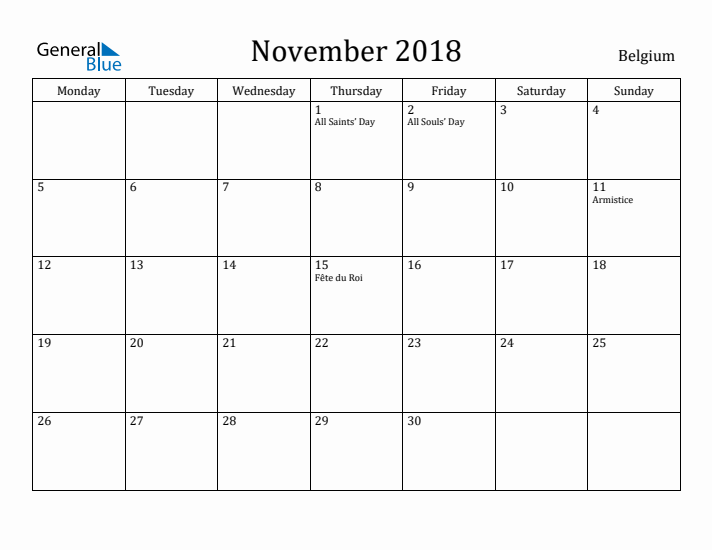 November 2018 Calendar Belgium