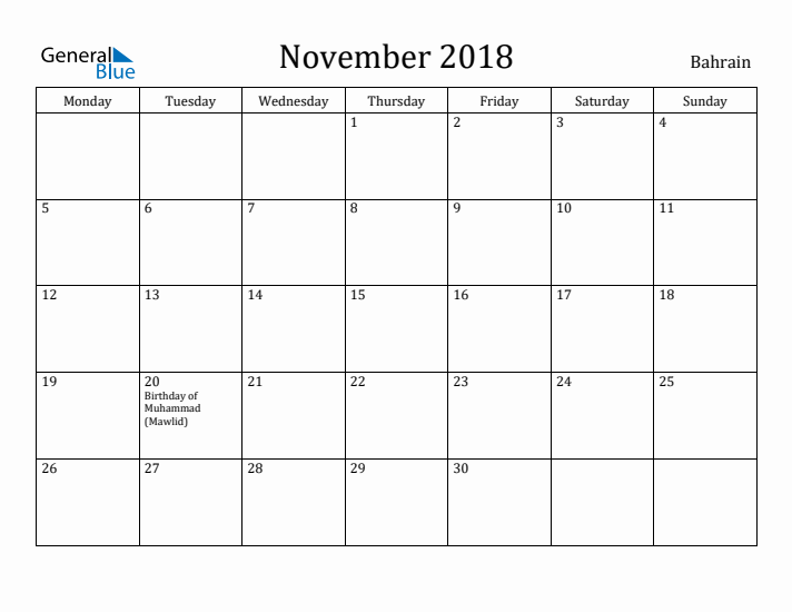 November 2018 Calendar Bahrain