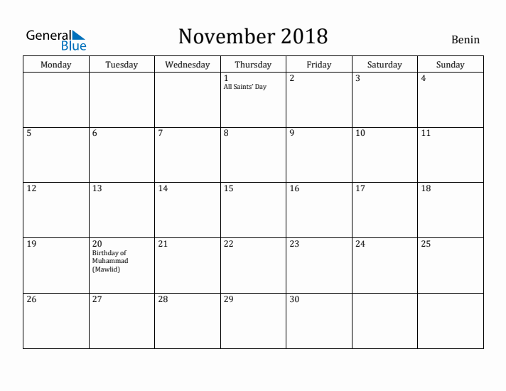 November 2018 Calendar Benin