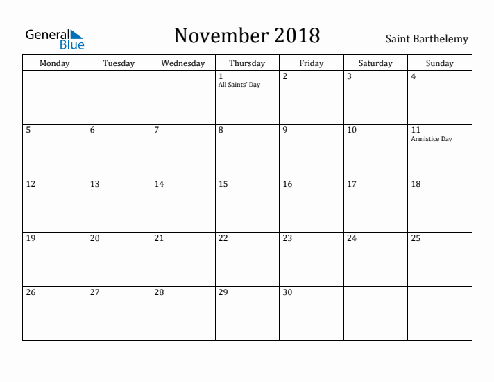November 2018 Calendar Saint Barthelemy