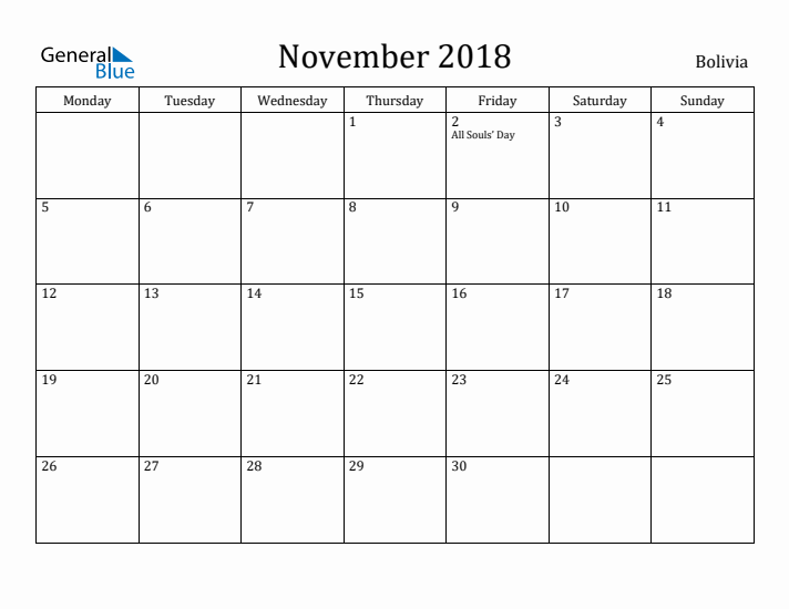 November 2018 Calendar Bolivia