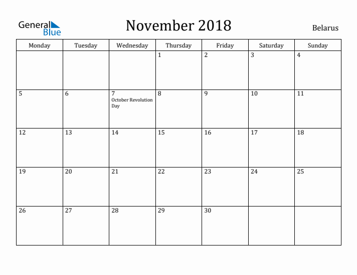 November 2018 Calendar Belarus