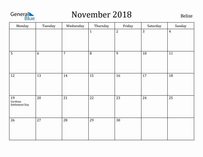 November 2018 Calendar Belize