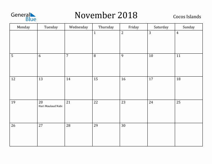 November 2018 Calendar Cocos Islands