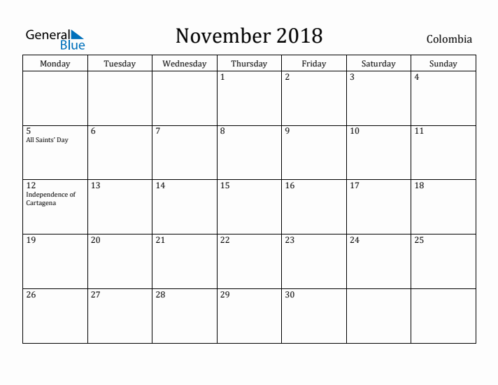 November 2018 Calendar Colombia