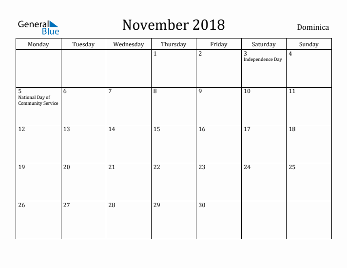 November 2018 Calendar Dominica