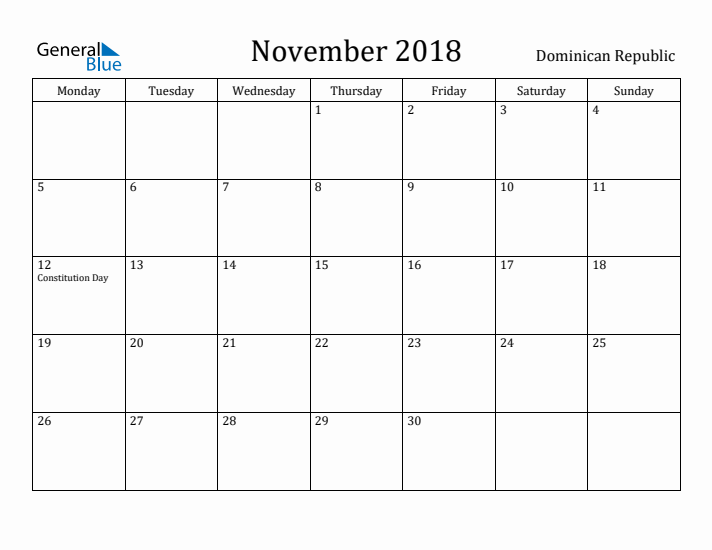 November 2018 Calendar Dominican Republic