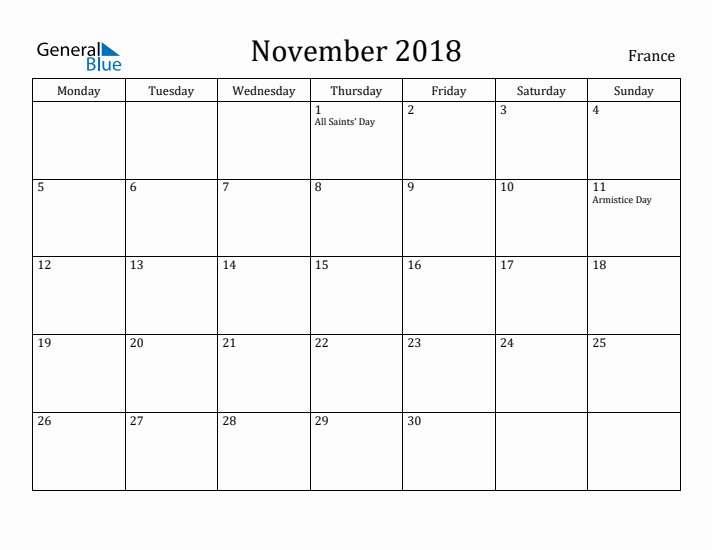 November 2018 Calendar France