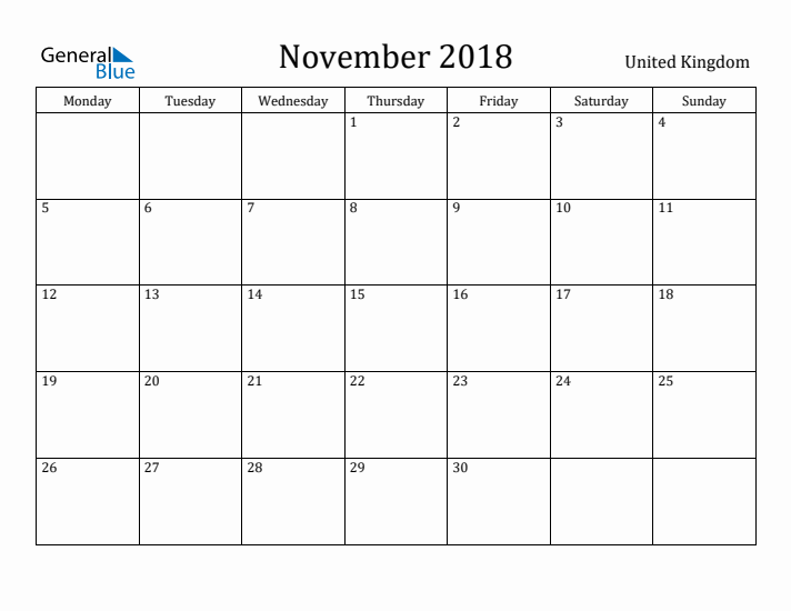 November 2018 Calendar United Kingdom
