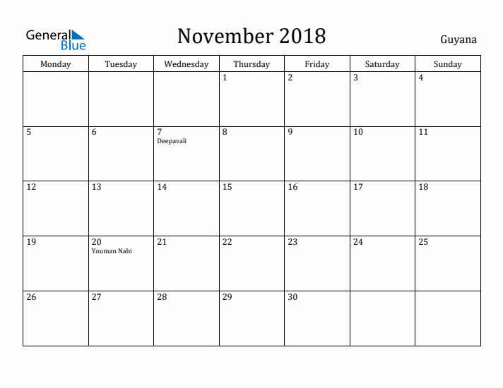 November 2018 Calendar Guyana