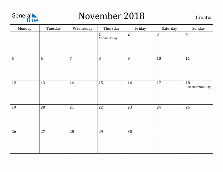 November 2018 Calendar Croatia