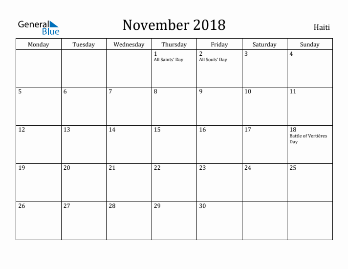 November 2018 Calendar Haiti