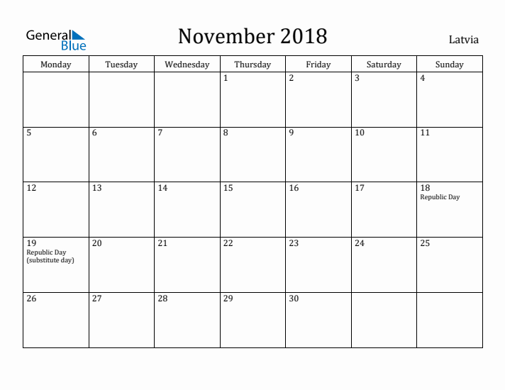 November 2018 Calendar Latvia