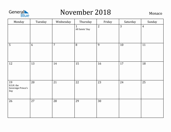 November 2018 Calendar Monaco