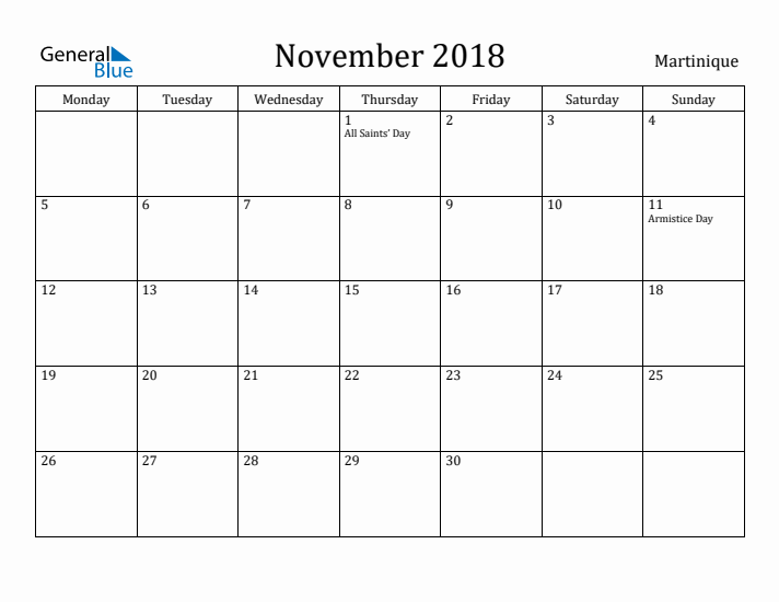 November 2018 Calendar Martinique