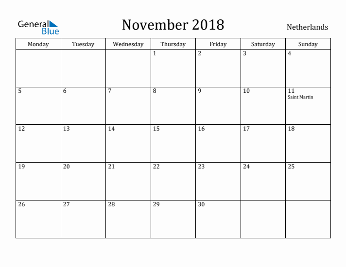 November 2018 Calendar The Netherlands