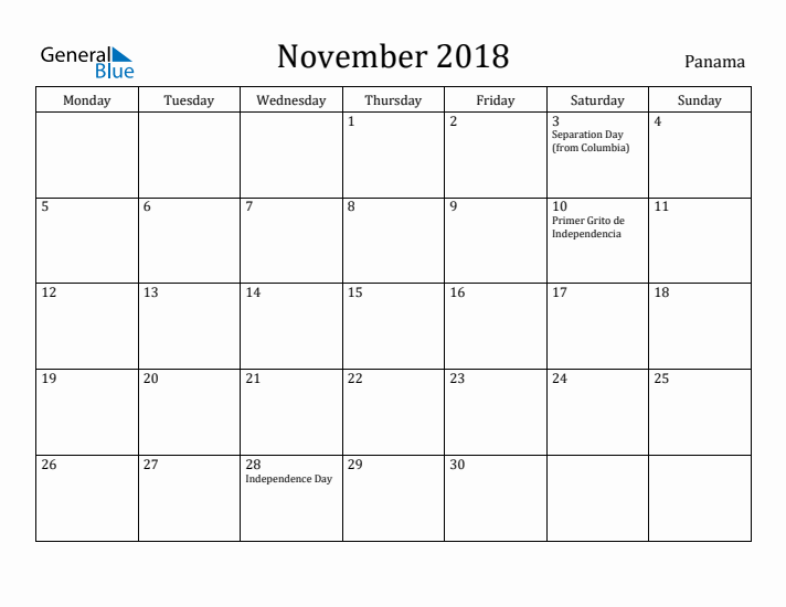 November 2018 Calendar Panama