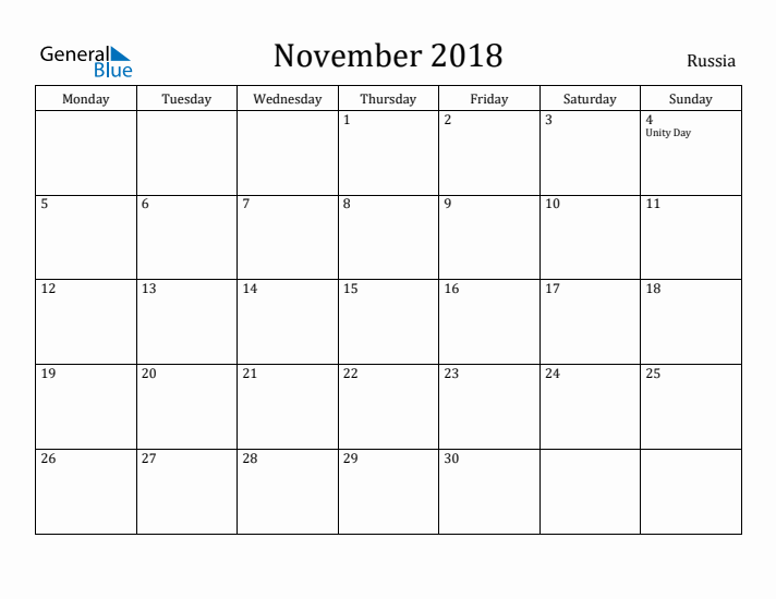 November 2018 Calendar Russia