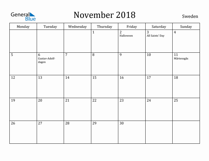 November 2018 Calendar Sweden