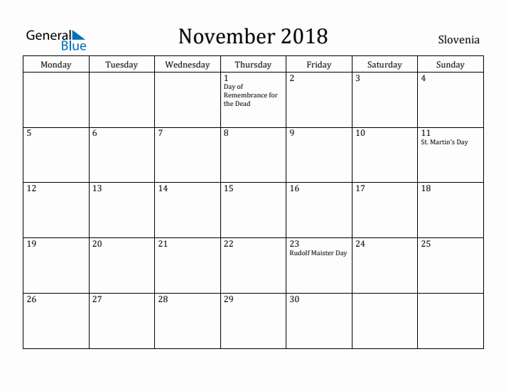 November 2018 Calendar Slovenia
