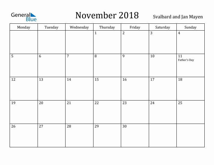 November 2018 Calendar Svalbard and Jan Mayen