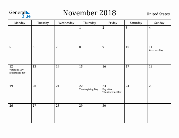November 2018 Calendar United States