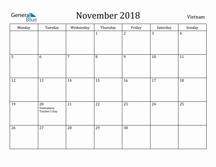 November 2018 Calendar Vietnam