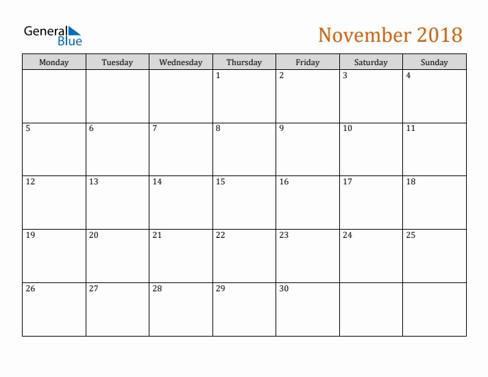 Editable November 2018 Calendar
