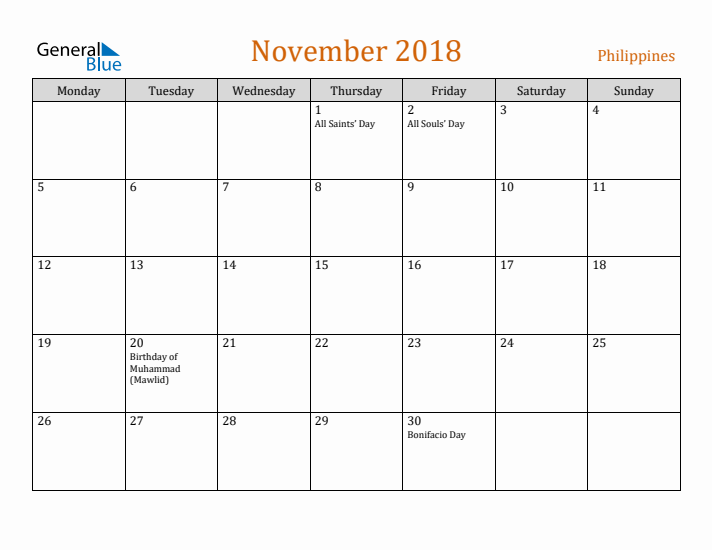 November 2018 Holiday Calendar with Monday Start