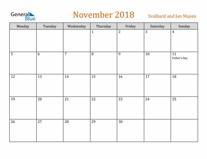November 2018 Holiday Calendar with Monday Start