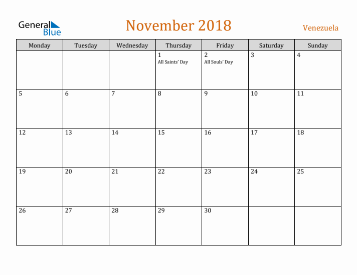 November 2018 Holiday Calendar with Monday Start