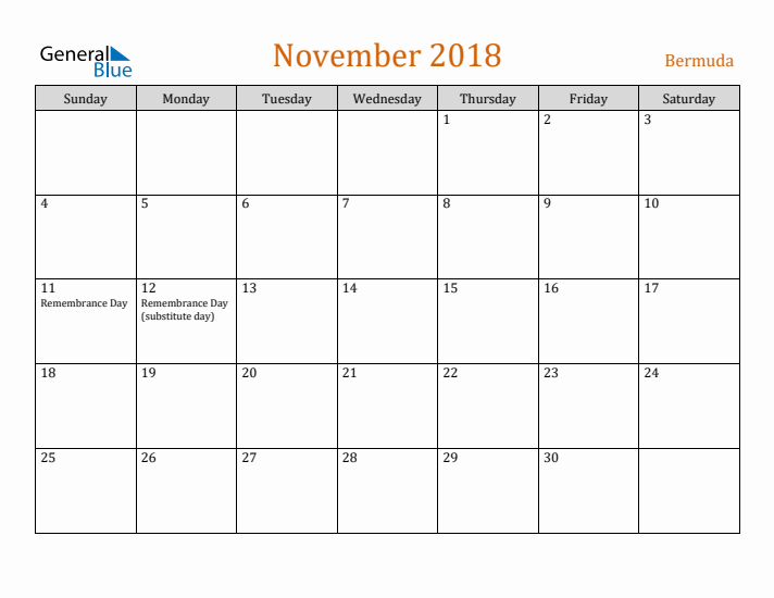 November 2018 Holiday Calendar with Sunday Start