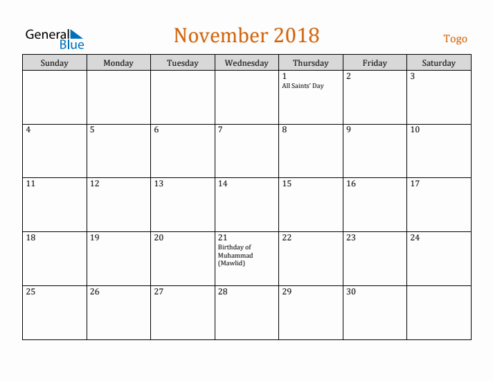November 2018 Holiday Calendar with Sunday Start